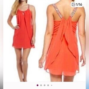 Hailey Logan Dress Vibrant Orange Backless with Rhinestone Straps